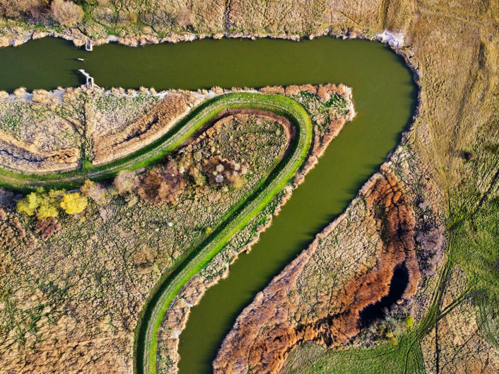 Aerial view of meandering river