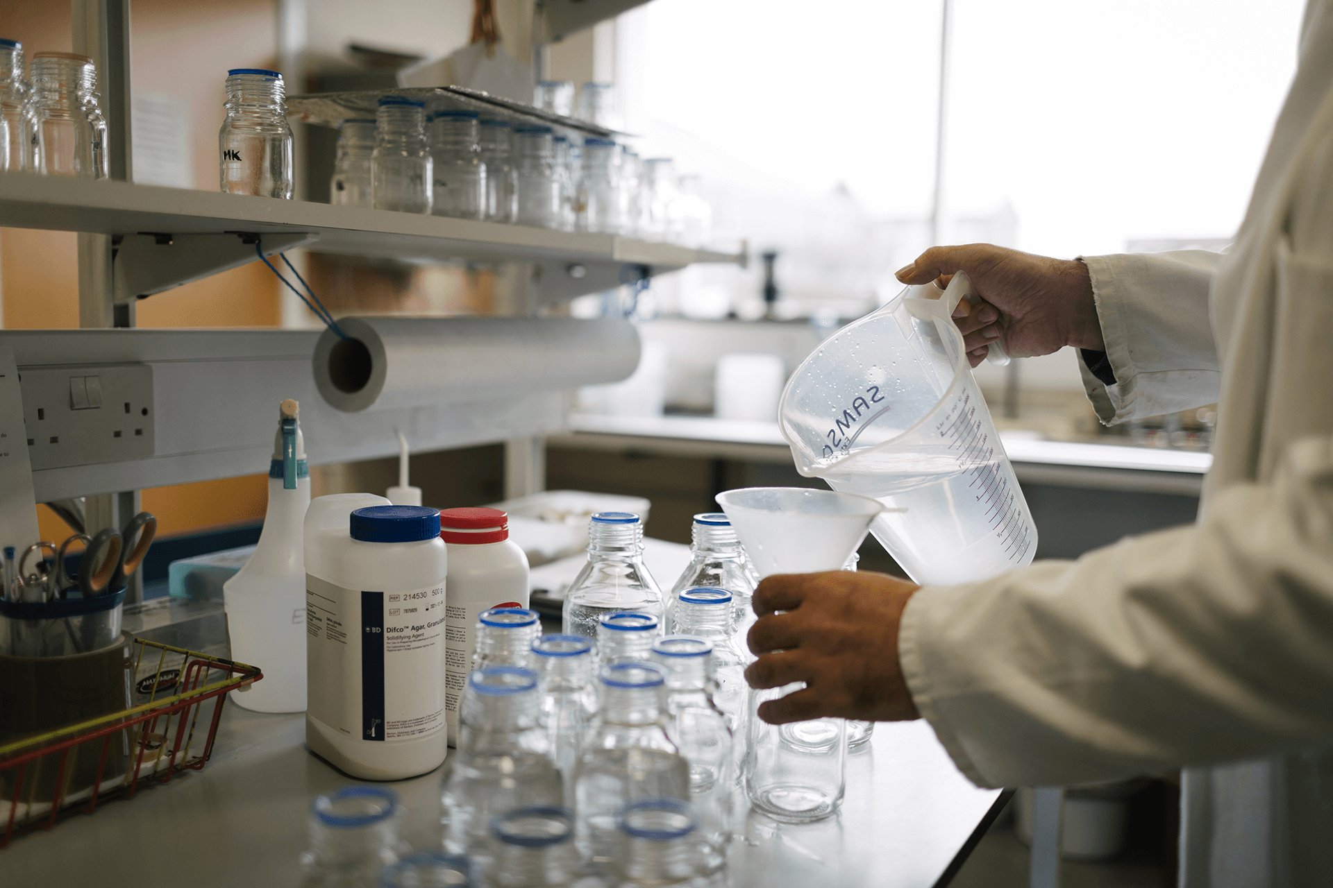 Person using filter to pour liquid into a bottle