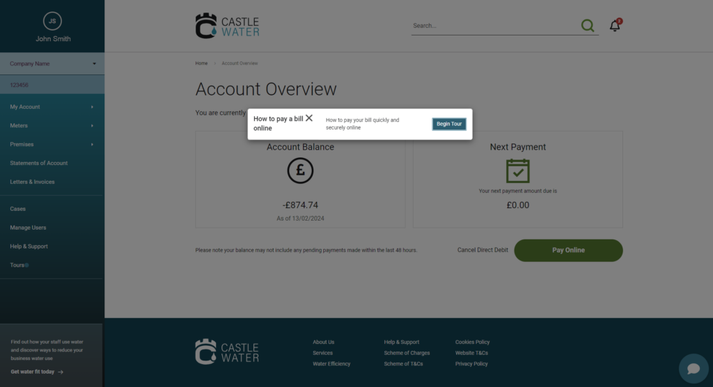 castle water account tour popup on the portal