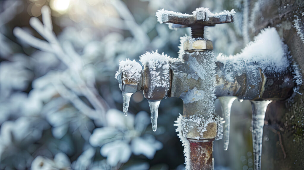 Frozen outdoor water spigot with ice crystals forming on metal pipes and valve in winter.