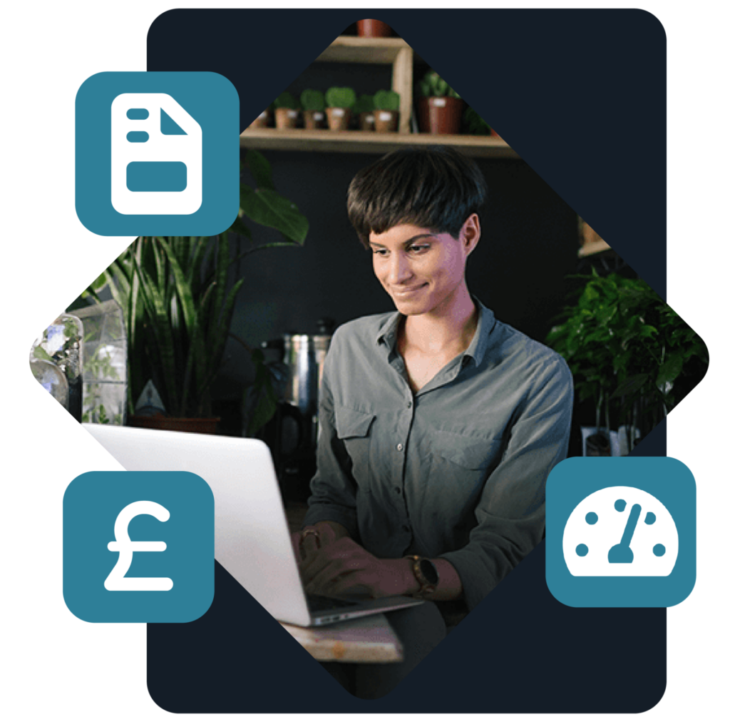 Florist managing her business on a laptop with overlaid icons representing pricing, payments, and documents